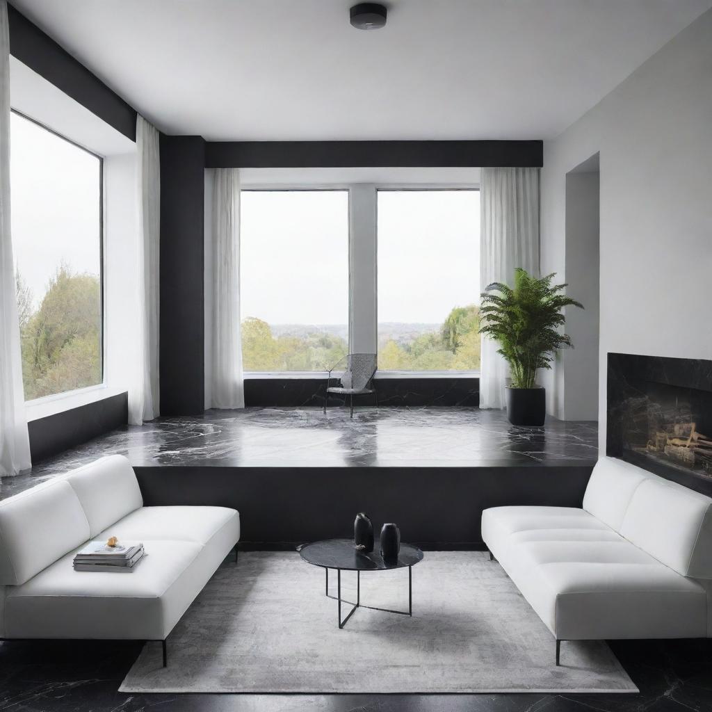 Generate four images of the same minimalist living room: black marble floor, smooth white ceiling with a suspended light fixture in the middle, a large black aluminum bay window, and a textured white, sleek-looking sofa positioned centrally. Present from different angles.