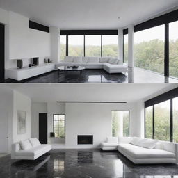 Generate four images of the same minimalist living room: black marble floor, smooth white ceiling with a suspended light fixture in the middle, a large black aluminum bay window, and a textured white, sleek-looking sofa positioned centrally. Present from different angles.