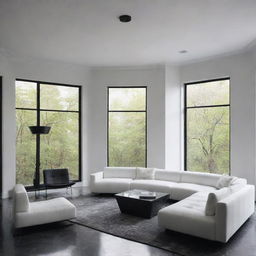 Generate four images of the same minimalist living room: black marble floor, smooth white ceiling with a suspended light fixture in the middle, a large black aluminum bay window, and a textured white, sleek-looking sofa positioned centrally. Present from different angles.