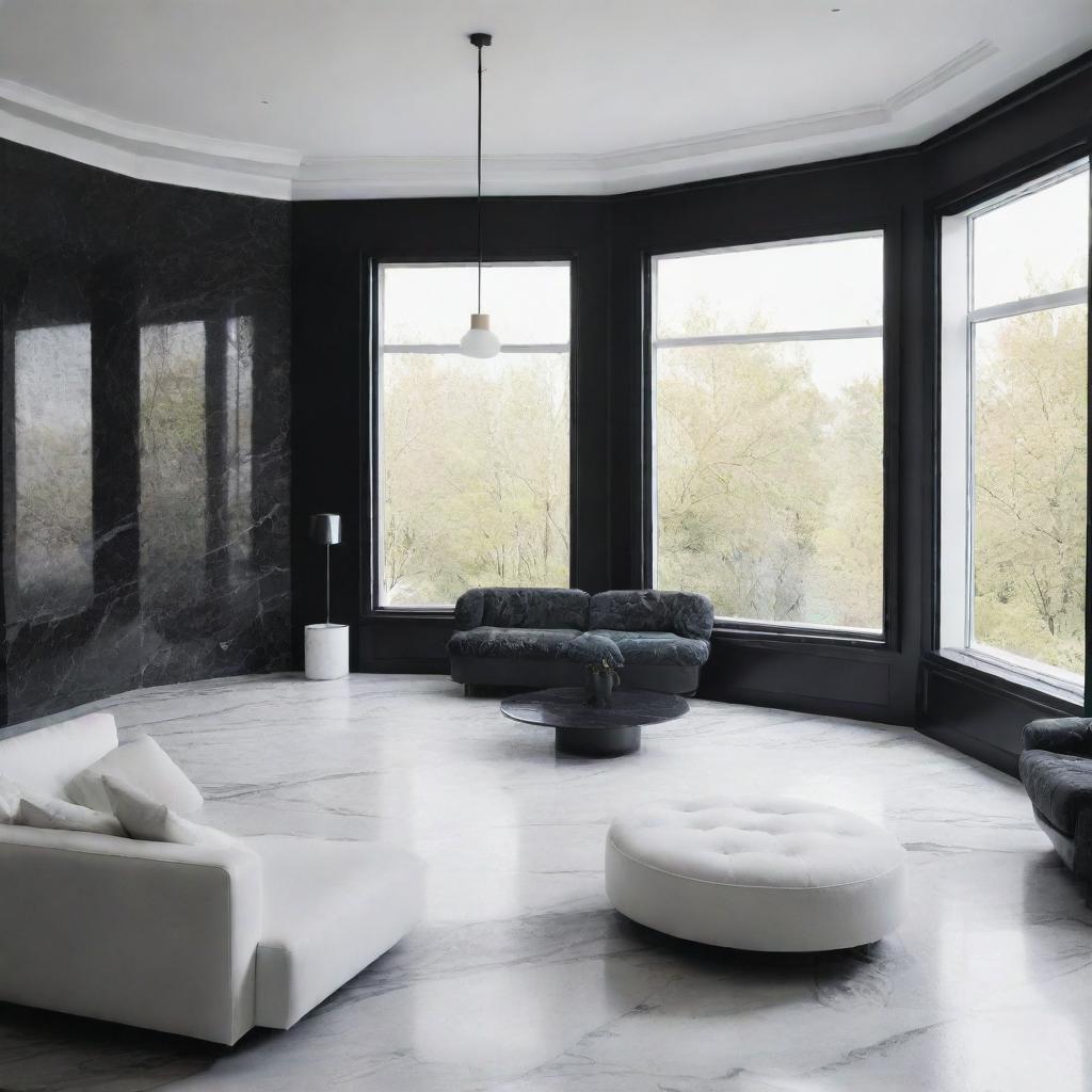 Generate four images of the same minimalist living room: black marble floor, smooth white ceiling with a suspended light fixture in the middle, a large black aluminum bay window, and a textured white, sleek-looking sofa positioned centrally. Present from different angles.