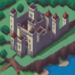 A detailed 8-bit pixel art of a medieval castle with towers, battlements, and a moat