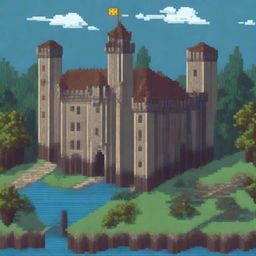 A detailed 8-bit pixel art of a medieval castle with towers, battlements, and a moat