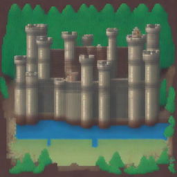 A detailed 8-bit pixel art of a medieval castle with towers, battlements, and a moat