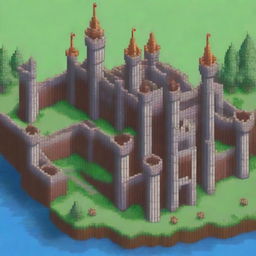 A detailed 8-bit pixel art of a medieval castle with towers, battlements, and a moat