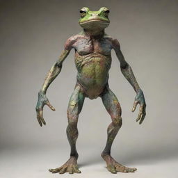 A humanoid figure with distinct frog-like features, standing upright, with a mixture of human and amphibian textures and colors.