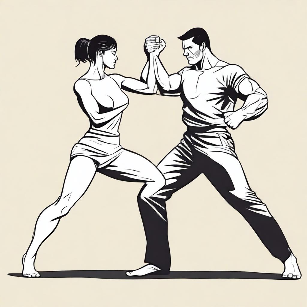 Create an image depicting a female character punching a male character in the groin