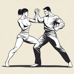 Create an image depicting a female character punching a male character in the groin