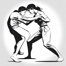 Create an image depicting a female character punching a male character in the groin