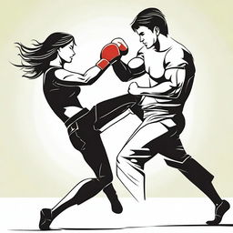 Create an image depicting a female character punching a male character in the groin