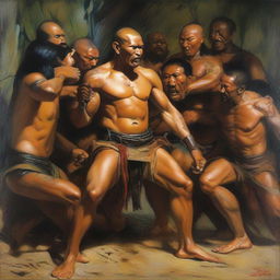 Create a detailed oil painting of a group of fierce and scantily clad Amazonian warriors delivering a powerful blow to a defenseless monk's groin