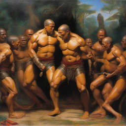 Create a detailed oil painting of a group of fierce and scantily clad Amazonian warriors delivering a powerful blow to a defenseless monk's groin