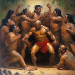 Create a detailed oil painting of a group of fierce and scantily clad Amazonian warriors delivering a powerful blow to a defenseless monk's groin