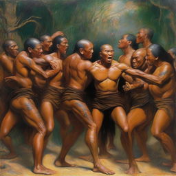 Create a detailed oil painting of a group of fierce and scantily clad Amazonian warriors delivering a powerful blow to a defenseless monk's groin