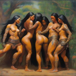 Create a detailed oil painting of a group of fierce and scantily clad female Amazonian warriors delivering a powerful blow to a defenseless monk's groin