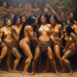 Create a detailed oil painting of a group of fierce and scantily clad female Amazonian warriors delivering a powerful blow to a defenseless monk's groin