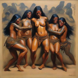 Create a detailed oil painting of a group of fierce and scantily clad female Amazonian warriors delivering a powerful blow to a defenseless monk's groin