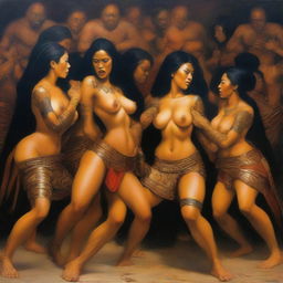 Create a detailed oil painting of a group of fierce and scantily clad female Amazonian warriors delivering a powerful blow to a defenseless monk's groin