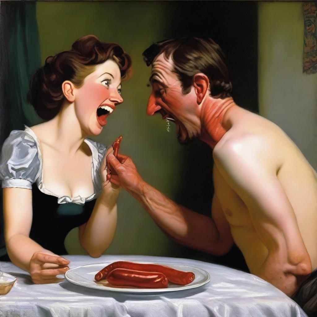 A cruelly mocking woman gazes with amusement at a man's modest sausage, her laughter cutting through the room