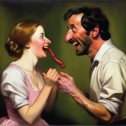 A cruelly mocking woman gazes with amusement at a man's modest sausage, her laughter cutting through the room