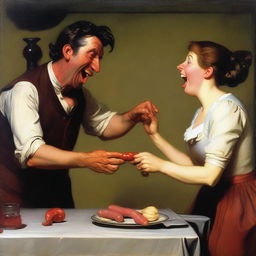 A cruelly mocking woman gazes with amusement at a man's modest sausage, her laughter cutting through the room