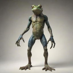 A humanoid figure with distinct frog-like features, standing upright, with a mixture of human and amphibian textures and colors.