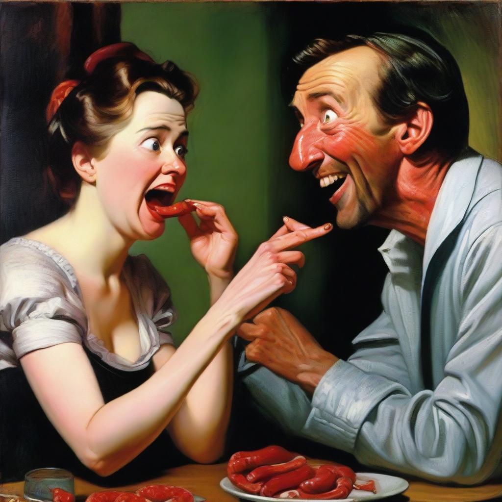 A cruelly mocking woman gazes with amusement at a man's modest sausage, her laughter cutting through the room