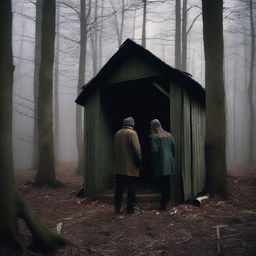 A couple standing at the edge of a dense, eerie forest, looking shocked and horrified as they peer into an old, dilapidated woodshed