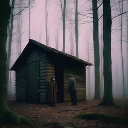 A couple standing at the edge of a dense, eerie forest, looking shocked and horrified as they peer into an old, dilapidated woodshed