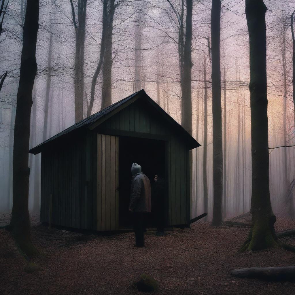 A couple standing at the edge of a dense, eerie forest, looking shocked and horrified as they peer into an old, dilapidated woodshed