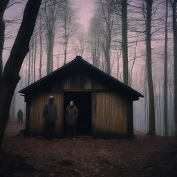 A couple standing at the edge of a dense, eerie forest, looking shocked and horrified as they peer into an old, dilapidated woodshed