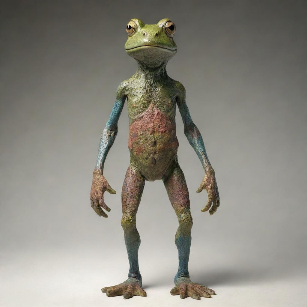 A humanoid figure with distinct frog-like features, standing upright, with a mixture of human and amphibian textures and colors.