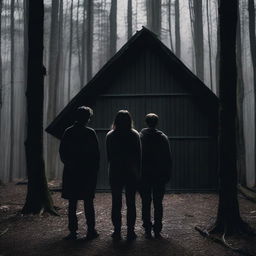 A couple standing in front of a dark, eerie woodshed in a dense forest