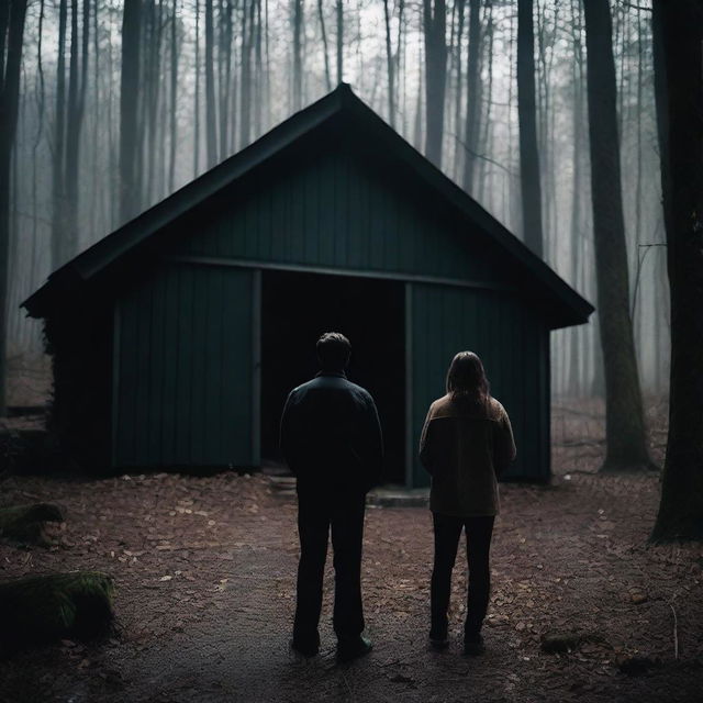 A couple standing in front of a dark, eerie woodshed in a dense forest