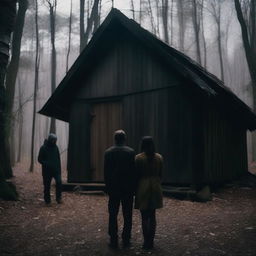 A couple standing in front of a dark, eerie woodshed in a dense forest