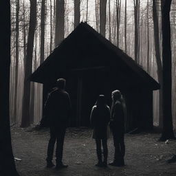 A couple standing in front of a dark, eerie woodshed in a dense forest