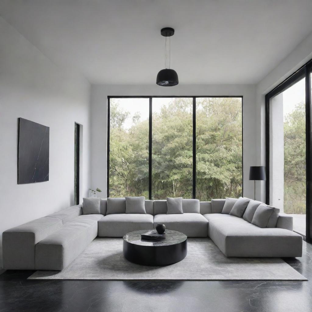 Create four perspectives of the same minimalist living room, featuring a black marble floor, smooth white ceiling with a central suspended light fixture, large black aluminum bay window, and a sleek white textured sofa in the center of the room.