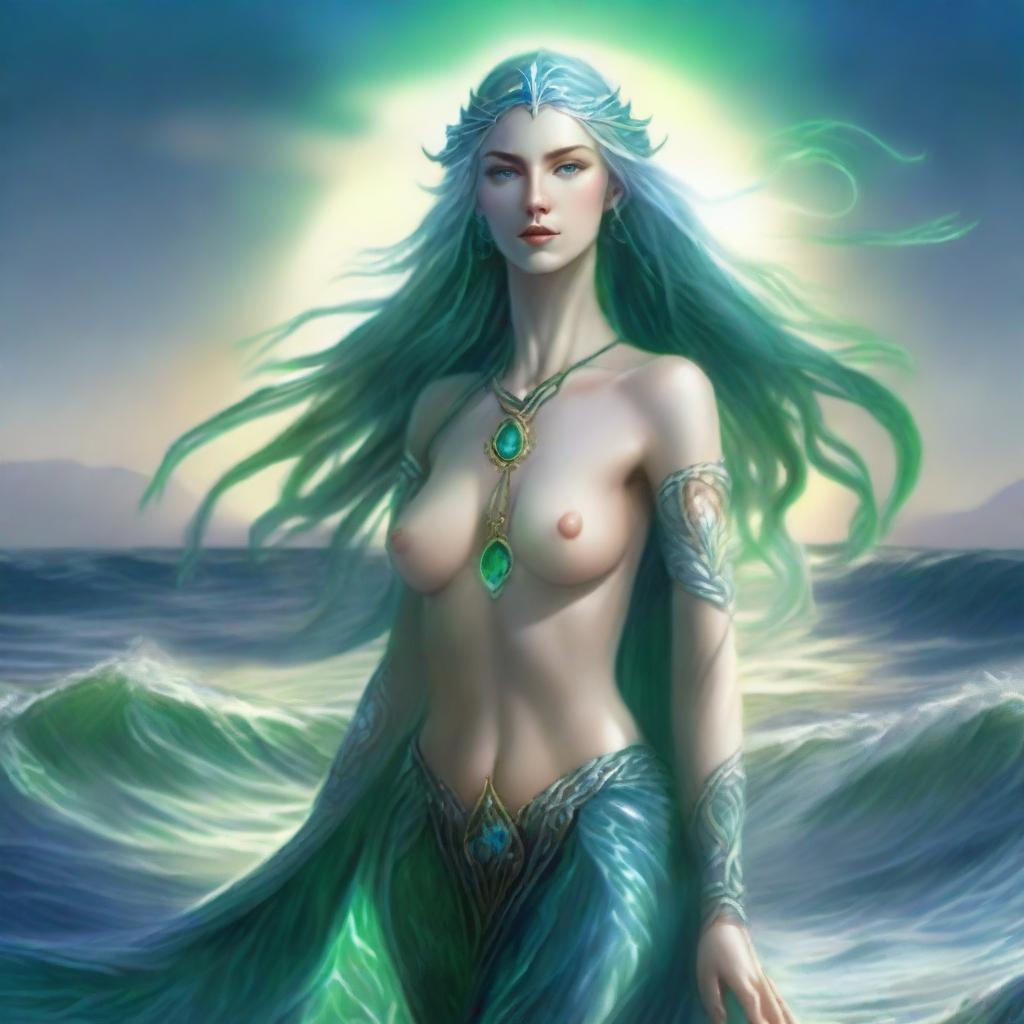 A tall, elven goddess with flowing blue hair and striking green eyes stands majestically on the sea