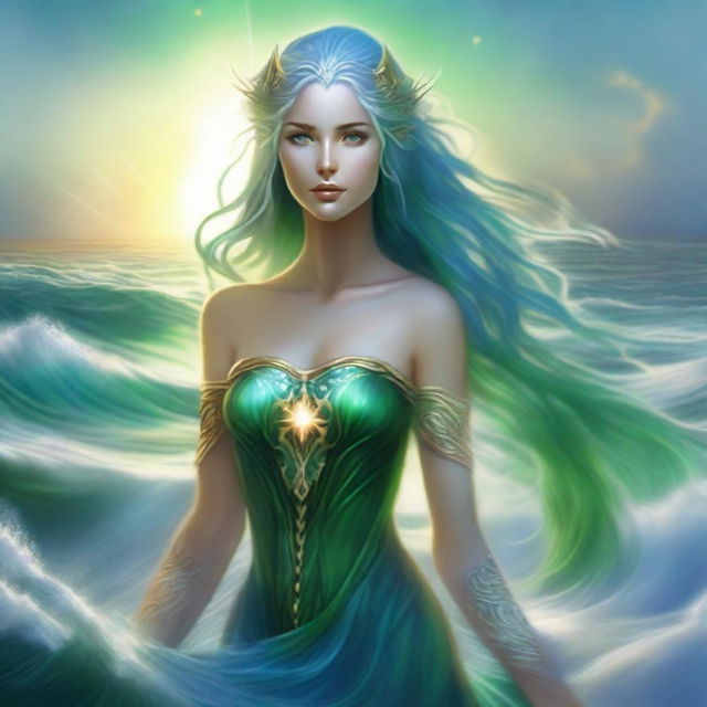 A tall, elven goddess with flowing blue hair and striking green eyes stands majestically on the sea