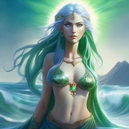 A tall, elven goddess with flowing blue hair and striking green eyes stands majestically on the sea