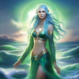 A tall, elven goddess with flowing blue hair and striking green eyes stands majestically on the sea