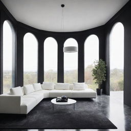 Create four perspectives of the same minimalist living room, featuring a black marble floor, smooth white ceiling with a central suspended light fixture, large black aluminum bay window, and a sleek white textured sofa in the center of the room.