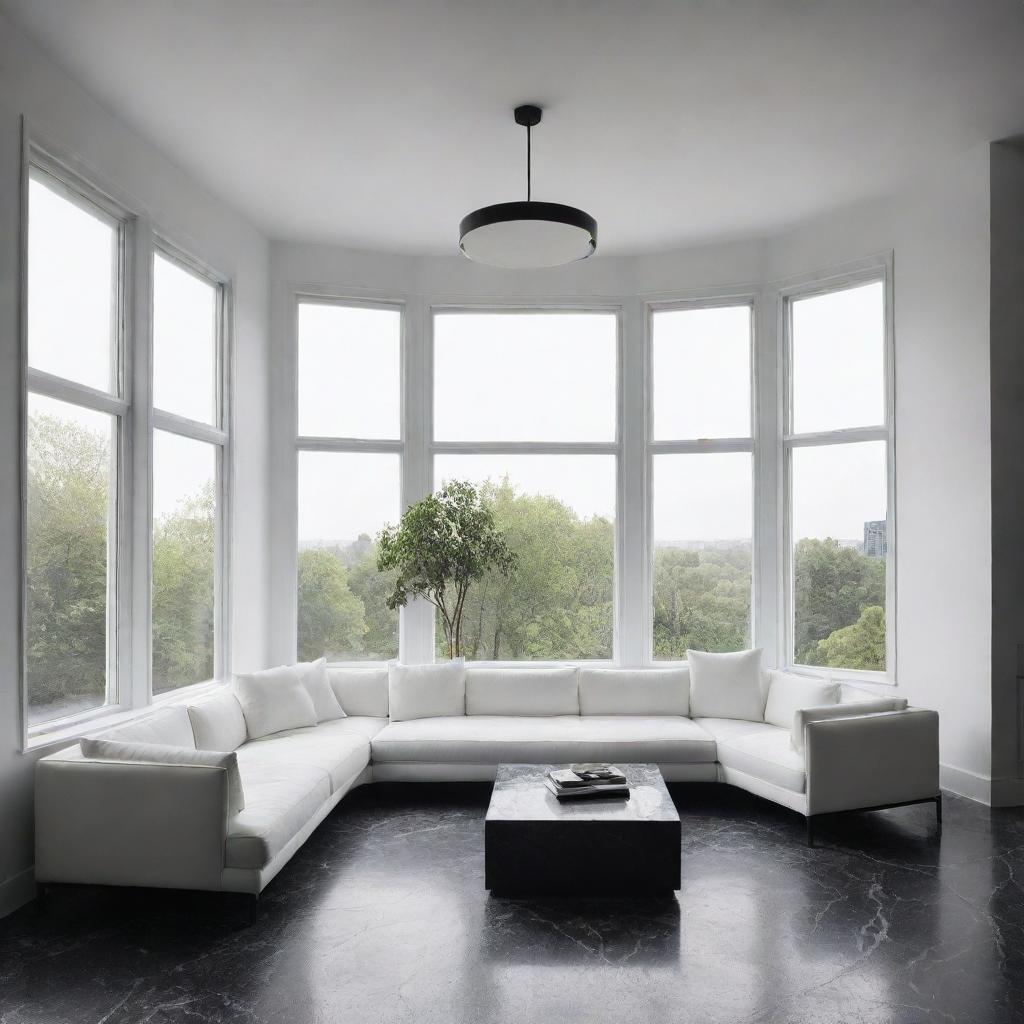 Create four perspectives of the same minimalist living room, featuring a black marble floor, smooth white ceiling with a central suspended light fixture, large black aluminum bay window, and a sleek white textured sofa in the center of the room.