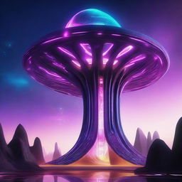 A futuristic alien megaconstruct, towering in an otherworldly landscape