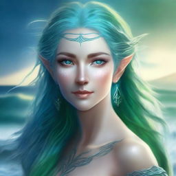 A majestic elven goddess with flowing blue hair and vibrant green eyes, standing serenely surrounded by the vast sea