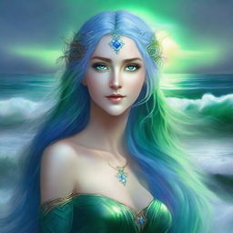 A majestic elven goddess with flowing blue hair and vibrant green eyes, standing serenely surrounded by the vast sea