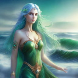 A majestic elven goddess with flowing blue hair and vibrant green eyes, standing serenely surrounded by the vast sea