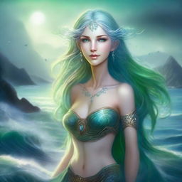 A majestic elven goddess with flowing blue hair and vibrant green eyes, standing serenely surrounded by the vast sea