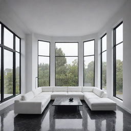 Create four perspectives of the same minimalist living room, featuring a black marble floor, smooth white ceiling with a central suspended light fixture, large black aluminum bay window, and a sleek white textured sofa in the center of the room.