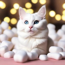 A cute female white cat sitting among a pile of fluffy marshmallows