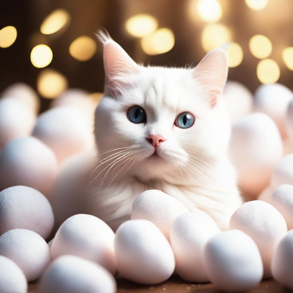 A cute female white cat sitting among a pile of fluffy marshmallows